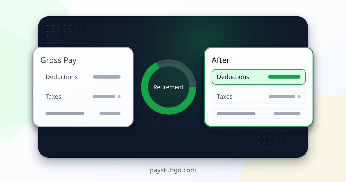 A professional retirement planning document laying out the math of pre-tax traditional and post-tax Roth contributions on an earnings statement.